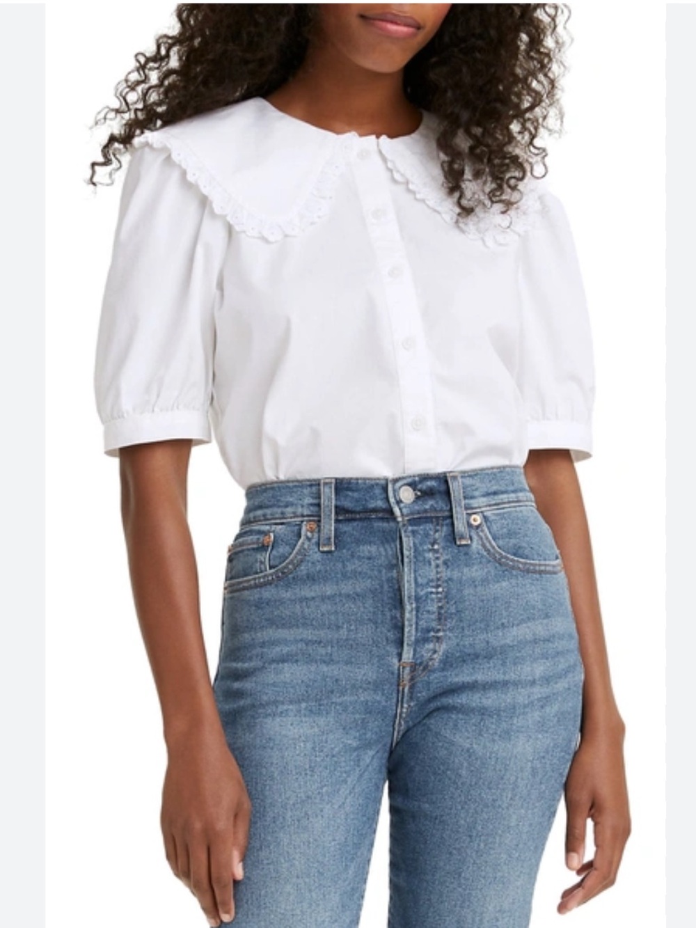 Levi's Olympia White Peter Pan Collar Puff Sleeve Button Down Shirt Size Medium